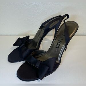 Y2K Sam & Libby Satin Black Bow Heels Sandals Size 8.5